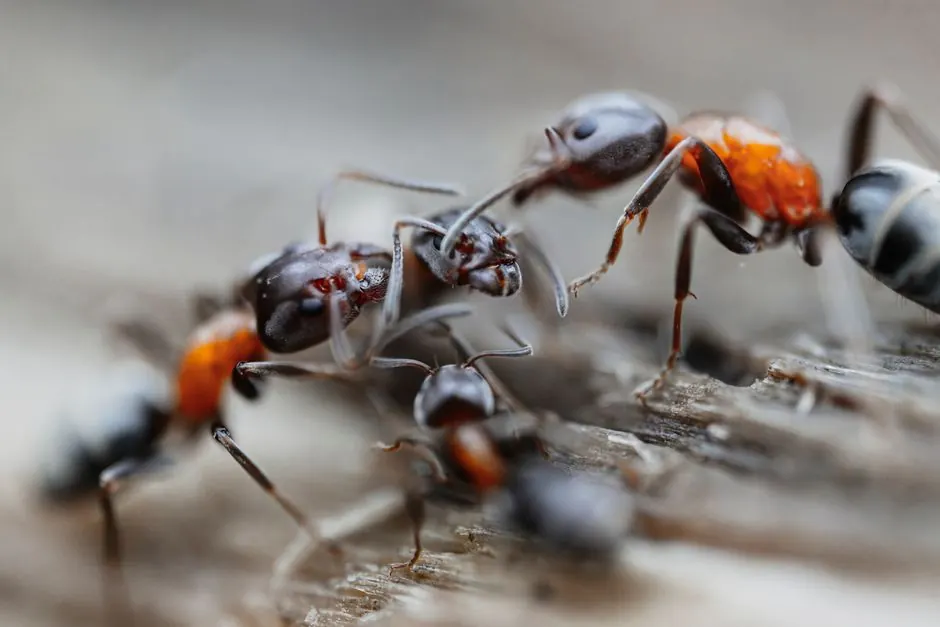 Detailed macro shot of ants interacting on wood, showcasing intricate behaviors and textures.